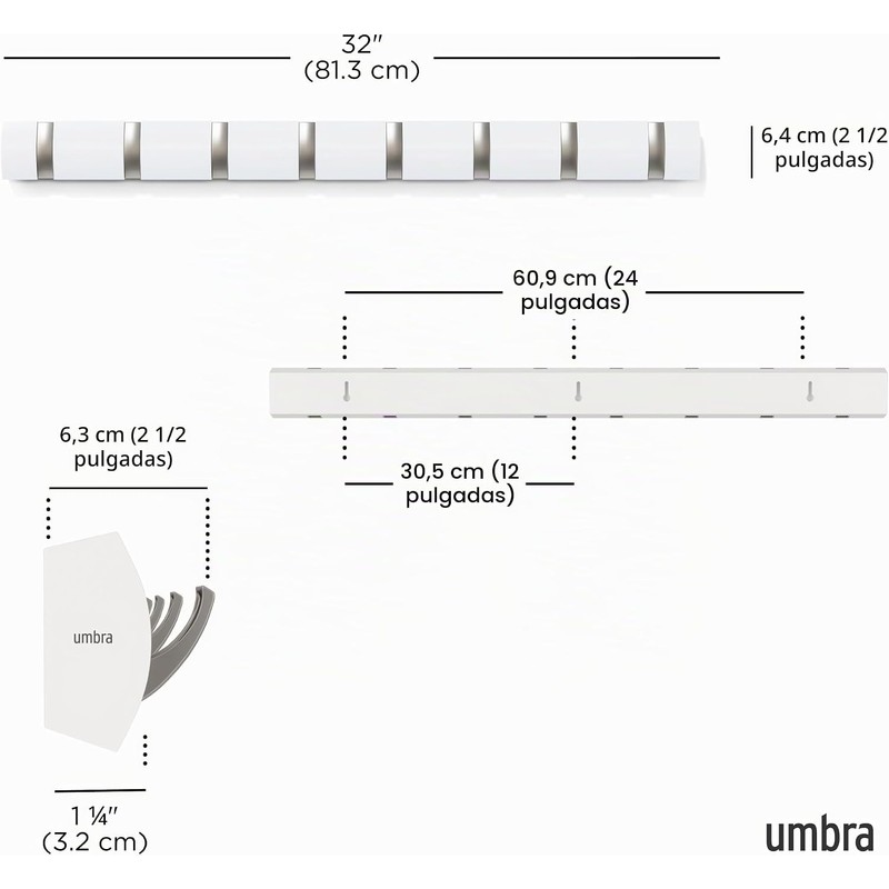 umbra 318858-660 Flip 8 Hook, 8 ganchos, Blanco