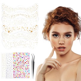 GlamRays 9 Sheets Glitter Freckles Face Tattoo, Freckles Face Glitter Tattoo Makeup Sparkle Glue Marks Gold Silver Jewels Gemstones Half Magic Glue Marks