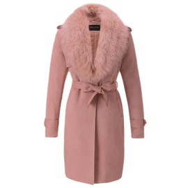 Bellivera Women Faux Leather Trench Coat Fleece-Lined Mid-length Jacket with Detachable Fur Collar FF20 Pink XXL