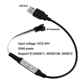 Sparkleiot SP200E USB Controller SM2.54 3 Pin Interface DC5-24V 3 Keys for WS2811 WS2812 Addressable LED Light String RGB LED Strip Dimmer 2048 Pixels Controllable (Pack of 1pc)