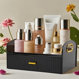 Makeup Organizer Countertop with Drawers Bedroom Dresser Transparent Skin Care Organizer Cute Cosmetic Display Case for Perfume Lipstick - Color: black