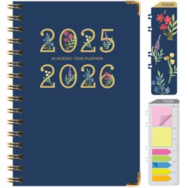 HARDCOVER Academic Year 2025-2026 Planner: (June 2025 Through July 2026) 5.5"x8" Daily Weekly Monthly Planner Yearly Agenda. Bookmark, Pocket Folder and Sticky Note Set (Navy Gold Numbers)