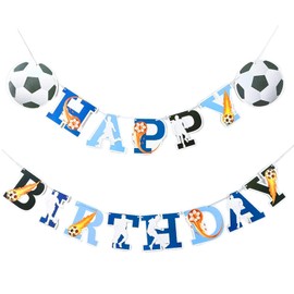 Football Happy Birthday Banner –Blue Sports Theme Birthday Sign with Soccer Ball Elements, Indoor Outdoor Party Decor