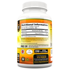 Vita Premium Vitamin D 3,000 IU, High Strength Vitamin D3 Supplement, 365 Easy to Swallow Softgels - Full Year Supply