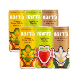 Narra, Oat Milk Tea Latte Variety Pack - Black Tea, Roasted Oolong, Strawberry Matcha, Natural Caffeine & L-Theanine, Organic Oat Milk, MCT Oil, Dairy Free, Non-GMO, 7.5 Fl Oz (6 Pack)