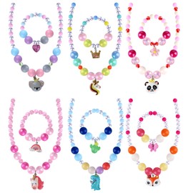 Niceup 12 Pcs Jewelry Gifts for Little Girls, Unicorn Koala Panda Fox Dinosaur Beaded Necklaces Bracelets Kids Jewelry for Girls Loot Bag Fillers Birthday Princess Dress Up Pretend Play Party Favors