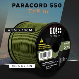 GO!elements 100 m Paracord Rope - Made of Tear-Resistant Nylon Cord - 4 mm Paracord 550 Type III Rope - Suitable as General Purpose Rope and Cord - Max. 250 kg, green