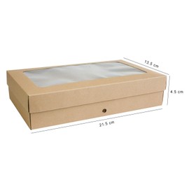 Emartbuy Pack of 12 Rectangle Shaped Presentation Gift Box, 21.5 cm x 13.5 cm x 4.5 cm, Brown Kraft Box with Clear Lid and Satin Ribbon
