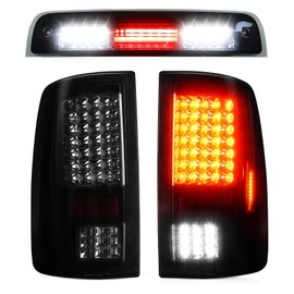 Bomusou LED Tail Lights + 3rd Brake Light for Ram 1500 2009-2018 ram 2500 3500 2010-2018 Ram 1500 Classic 2019 ONLY fit Factory Halogen Model High Mount Stop Light Taillights, Smoke Lens 3PCS