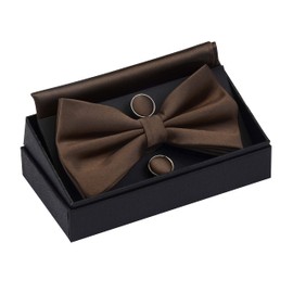 GUSLESON Mens Brown Bow Tie Solid Wedding Pre-tied Bowtie and Pocket Square Cufflink Set (0570-22)