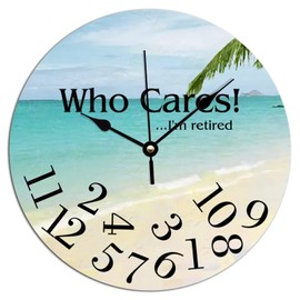 ArogGeld Wood Clock Who Cares I'm Retired Wooden Decorative Wall Clock Summer Beach Time Coastal Clocks for Wall Silent Non Ticking Battery Operated Clocks for Home Office School 10x10in
