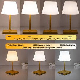 Mywellian Cordless Table lamp, Outdoor Battery Operated Rechargeable Desk lamp,Waterproof Shower Lamp,4000mAh LED 3 Colors Dimmable Touch Lamps for Camping Patio Courtyard Bedroom-Wood