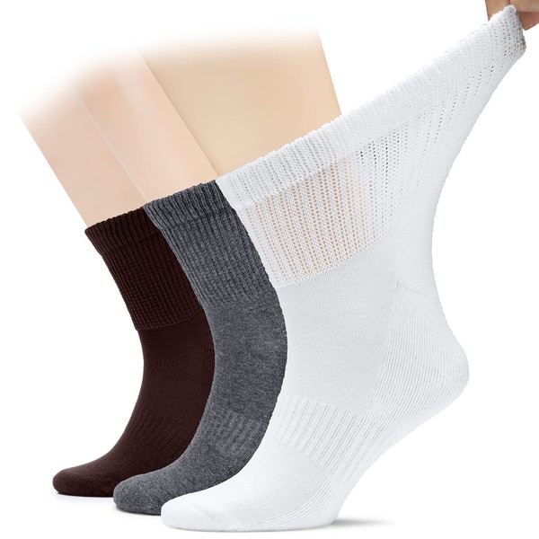 Hugh Ugoli Men's Cotton Diabetic Ankle Socks, Wide, Loose and Stretchy, Seamless Toe & Non Binding Top, Semi Cushion, 3 Pairs, Dark Brown/Melange Grey/White, Shoe Size: 11-13
