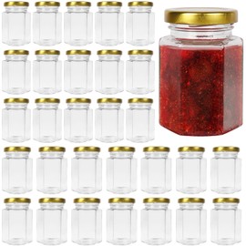 Keketin 4 oz Hexagon Glass Jam Jars with Gold Lids,30 Pack Canning Jars for Jams,120ml Small Glass Honey Jar for Food Storage,Spices,Sauces,Baby Foods,Wedding Favors and Jars Crafts