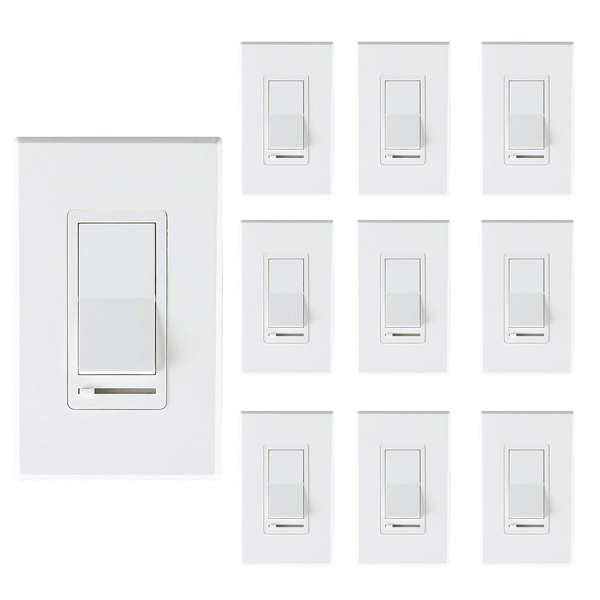 [10 Pack] Cloudy Bay 3-Way/Single Pole Dimmer Electrical Light Switch for 150W LED/CFL, 600W Incandescent/Halogen,Wall Plate Included,Pack of 10