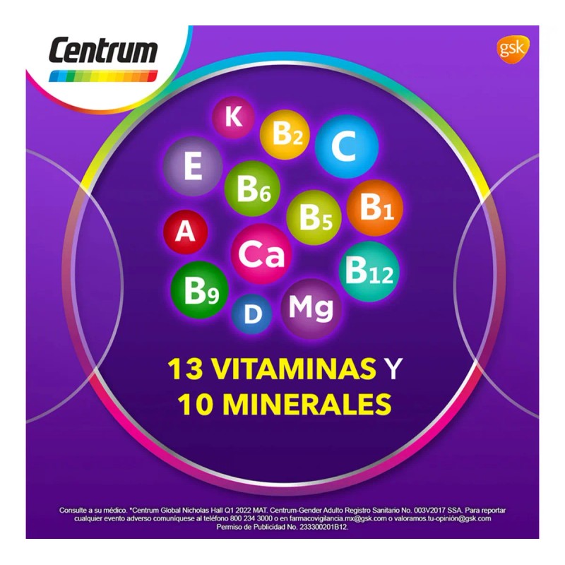 Frasco Multivitamínico Centrum Mujer Vitamina Calcio Hierro Retinol Tabletas Sabor
