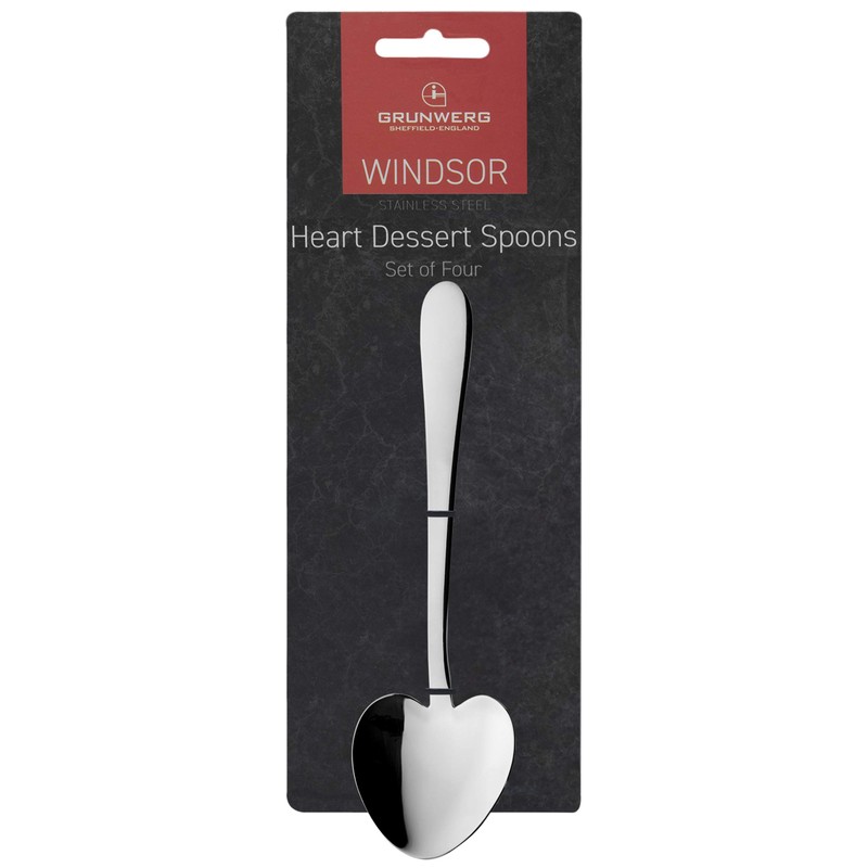 Grunwerg Windsor Carded 4-Piece Heart-Shaped Dessert Spoon Set 4HDWDR/C, 18/0
