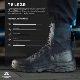 GARMONT TACTICAL T8 LE 2.0 Law Enforcement EMS Boots for Men and Women, Polishable Full Grain Leather, Lightweight and Breathable, Side Zipper, Uniform Compliant, 8" High, Black, Regular, Size 9.5