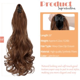 Leterly Ponytail Extension Claw 18" Curly Wavy Clip in Hairpiece Ponytail Hair Extensions Long Pony Tail Synthetic for Women Light Brown