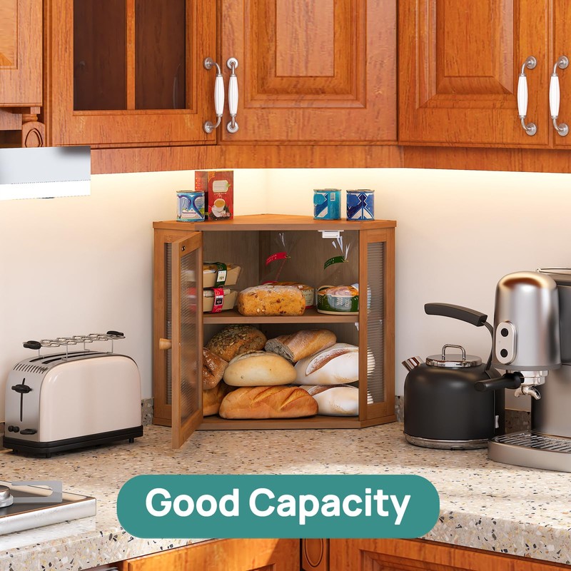viewcare Corner Bread Box for Kitchen Counter, Bamboo Wood Large