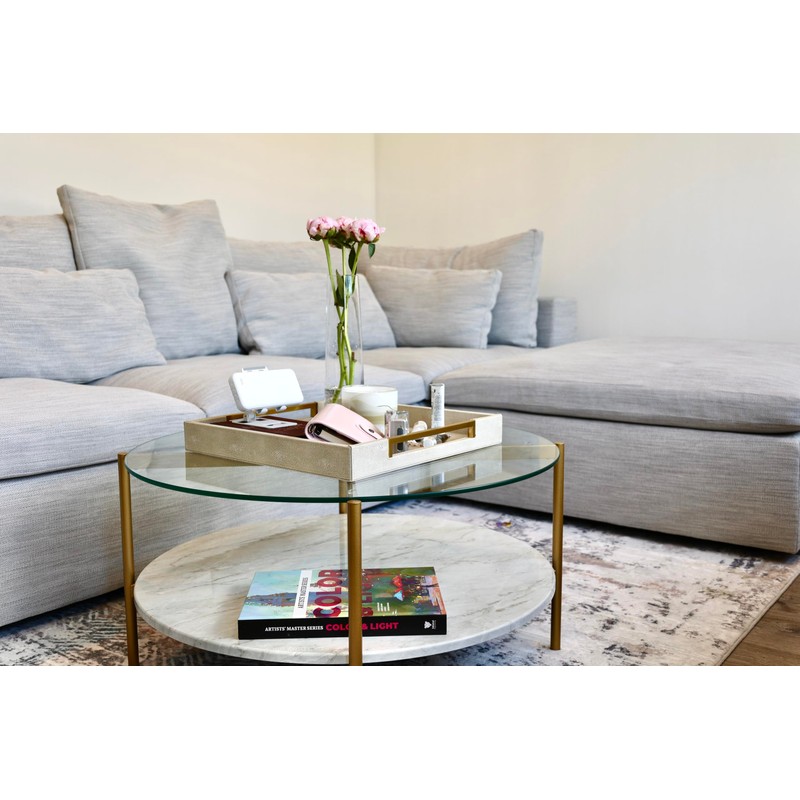 Sagala 20"x20" Extra Large Ottoman Tray with Gold Handles, Ivory