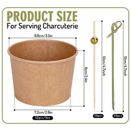 FYSUIMU 50 Set Kraft Paper Bowls 9Oz Charcuterie Cups with Food Picks Disposable Appetizer Cups Small Ice Cream Dessert Bowls for Wedding Birthday Baby Shower