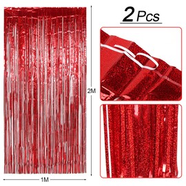 O-Kinee Tinsel Curtains, Red Glitter, Pack of 2 Metallic Glitter Curtain Fringe 1 m x 2 m, Glitter Tinsel Curtain, Foil Fringe Curtain for Christmas Tree, Birthdays, Festivals, Party, Stage Decoration