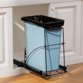 Pull Out Trash Can Under Cabinet & Under Sink Garbage Can Pull Out，Heavy Duty Cabinet Trash Can Roll Out Kit，35qt Roll-Out Kitchen Rack with Black Finish， (Waste Bin Not Included)