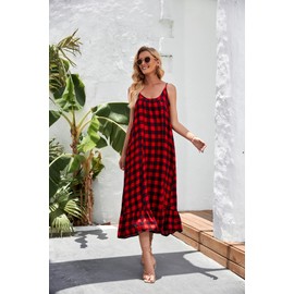 BUENOS NINOS Women's V Neck Floral Maxi Dress Boho Printed Adjustable Spaghetti Strap Ethnic Beach Long Dress with Pockets L Red Black Buffalo Plaid Dress