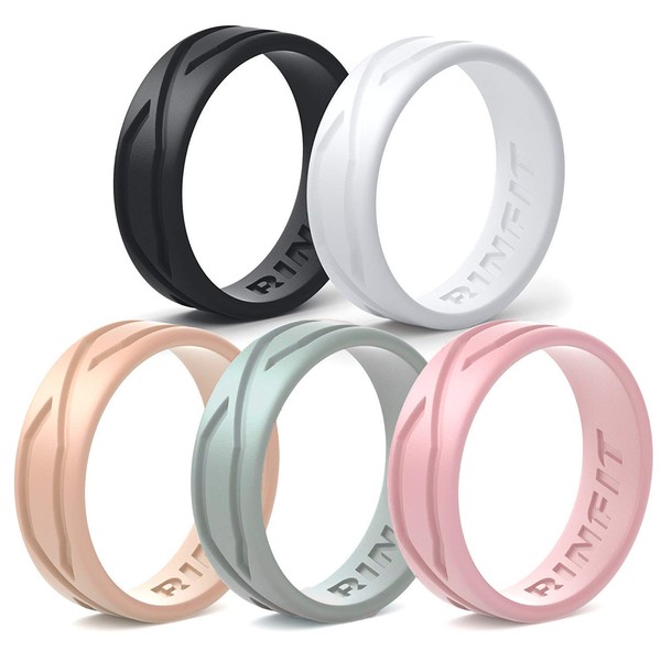 Rinfit Silicone Rings for Women - Silicone Wedding Bands Sets for Her - Patented Design Rubber Wedding Rings for Women - 4Love Collection - Black, Pastel Peach, White, Pastel Green, Pastel Pink - Size 5