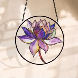 PLIGREAT Stained Glass Window Hangings, Purple Lotus Acrylic Sun Catcher, Four Seasons Theme Flower Suncatcher Window Hangings Ornaments for Garden, Living Room, Bedroom, Christmas Tree Decoration