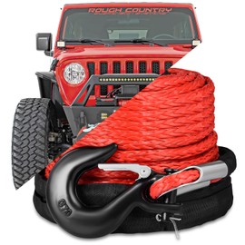 3/8" x 92ft Synthetic Winch Rope, 26500lbs Winch Rope Cable Kit, Winch Line Replacement with Protective Sleeve and Heavy Duty Forged Winch Hook for 4WD Off Road Vehicle Truck ATV UTV SUV (RED)