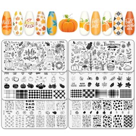 Whaline 6Pcs Fall Thanksgiving Theme Nail Art Stamping Plate Kit Various Pattern Pumpkin Maple Autumn Blessing Collection Checkered Nail Art Plate for Thanksgiving Day DIY Design Print Manicure Salon