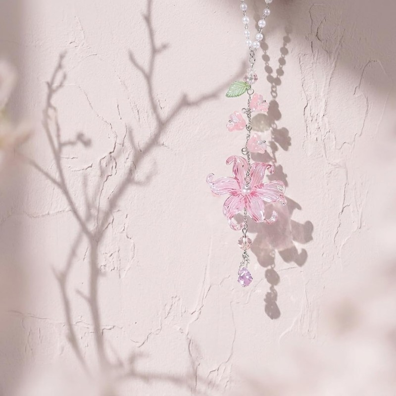 Car Mirror Hanging Ornament, Pink Lily Floral Rear View Decor