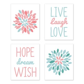 Sweet Jojo Designs Turquoise and Coral Floral Wall Art Prints Room Decor for Baby, Nursery, and Kids for Emma Collection - Set of 4 - Live Laugh Love