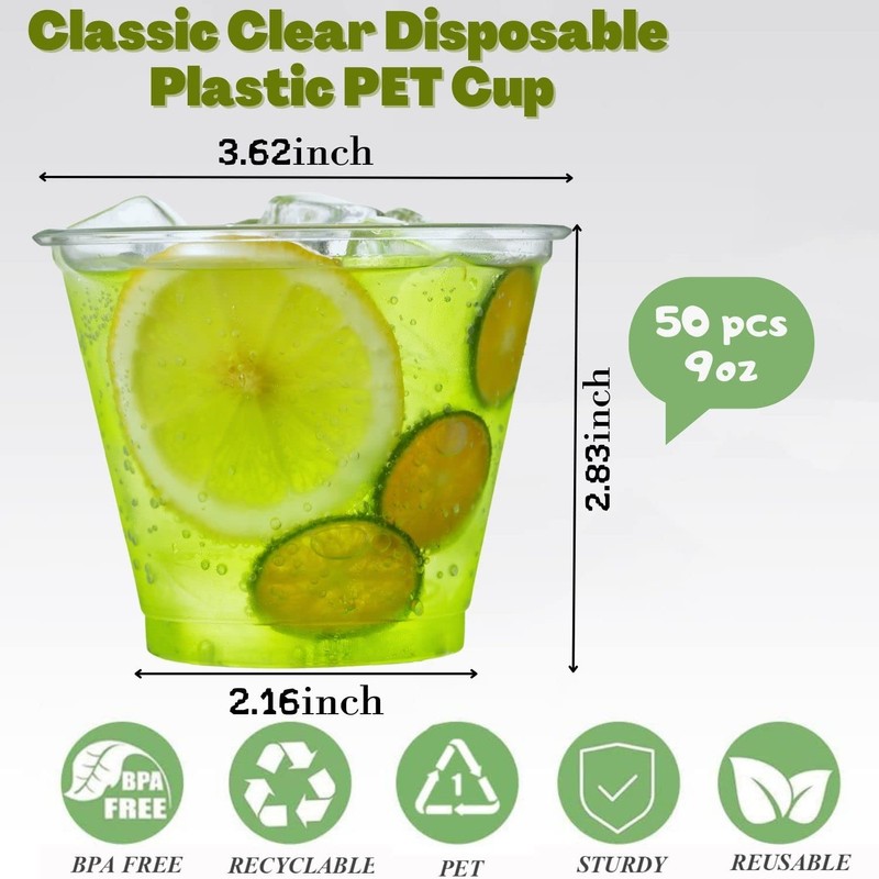 Artpreti 50 Pack 9 oz Clear Plastic Cups - Disposable