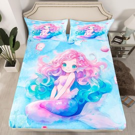 Mermaid Girls Full Size Fitted Sheet,Dreamy Undersea World Pink Blue 3 Pieces Kids Teenager Room Decor Cute Marine Life Fish Shell Coral Mermaid Tail Pocket 2 Pillowcases