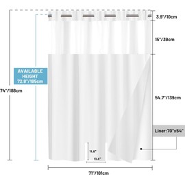 White Split Shower Curtain for Bath Transfer Benches, Polyester Fabric Bathroom Blackout Cloth with Snap-in Fabric Liner Set, No Hooks Bath Curtain, 71 x 74inch