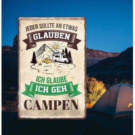 schilderkreis24 Tin Sign Funny Saying "Jeder glauben Campen" Decorative Sign Metal Sign Gift Idea Retro Camper Caravan Motorhome Gift Birthday Christmas Camping Fans 20 x 30 cm