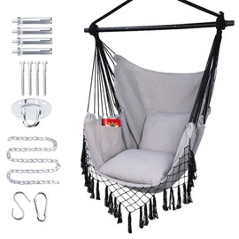 PIRNY Hammock Chair Hanging Rope Swing Chair,Max 450 Lbs, Large Hanging Chair with Pocket, 2 Cushions, Removable Steel Bar, Hardware Kit Included, Superior Comfort for Indoor Outdoor (Light Grey)
