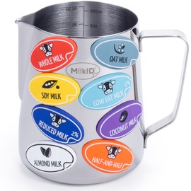 MilkID Milk Frothing Pitcher with 8 Allergen Silicone Snap-On Labels | Must-Have Barista Tool | Coffee Bar Accessories & Espresso Accessories Kit | (32oz / Pitcher + Labels)