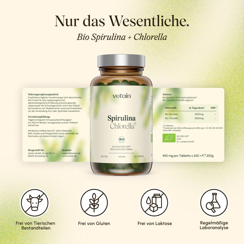 VETAIN Organic Spirulina & Chlorella Pellets - 500 Tablets -