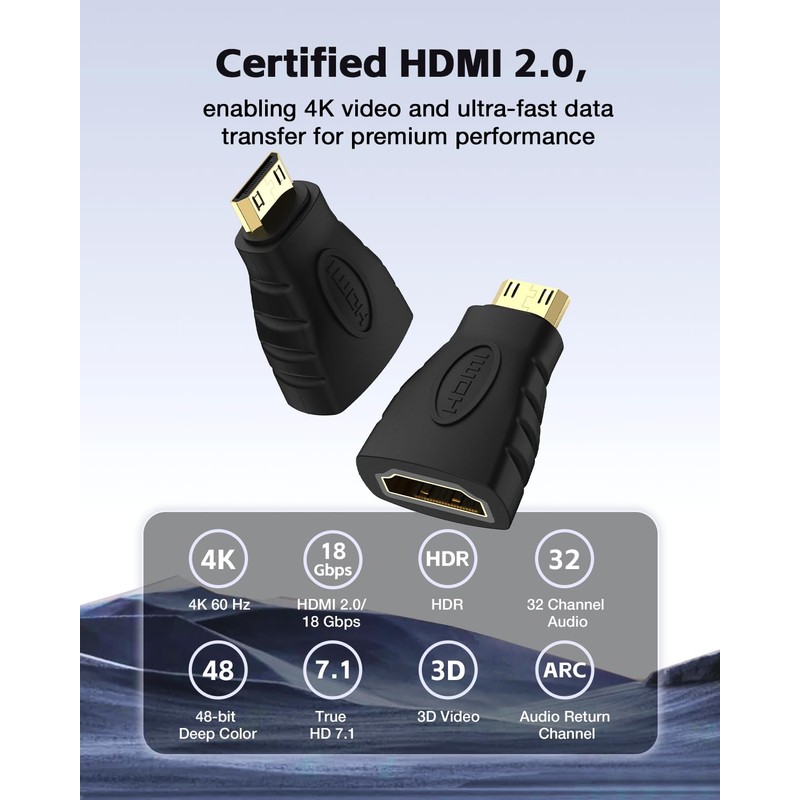 VCE HDMI Adapter 2-Pack, Mini HDMI to HDMI, 4K Support,