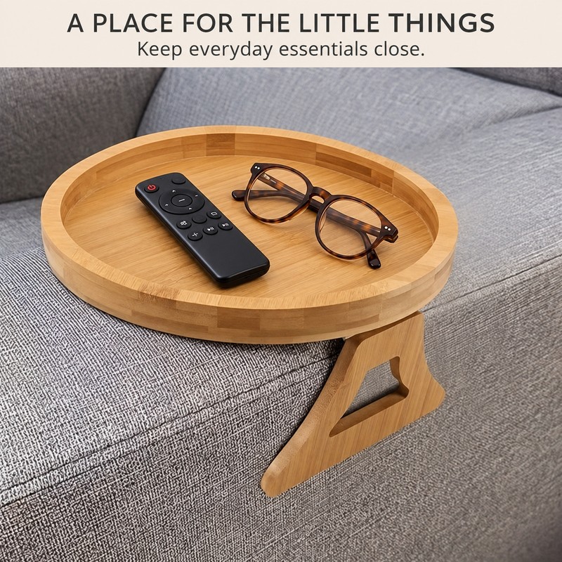 Wooden Sofa Armrest Tray, Foldable Clip-On Style Couch Arm Table