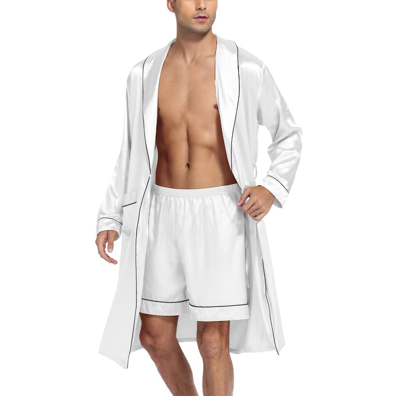 SWOMOG Men's Silk Satin Bathrobe with Shorts Set Pocket Front