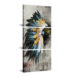 sechars Native American Art Prints Abstract Feathered Chiefs Headdress Painting on Canvas Wall Art Set of 3 Vintage Living Room Bedroom Bathroom Wall Decoration Gallery Wrap Ready to Hang