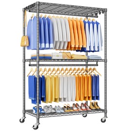 ULIFHOME P8 Heavy Duty Clothes Rack（With Extended Width Design） Rolling Clothing Racks for Hanging Clothes，Portable Garment Rack with Lockable Wheels，51.2" W x 15.8" D x 80.5" H，Max Load 700LBS，Grey