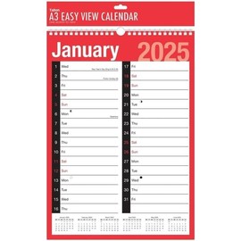 2025 Calendar 2 Column A3 Size 1 Month to view Easy View Twin-Wire Binding Spiral Bound Calender for Home Business Office School Run