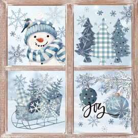 JarThenaAMCS 96Pcs Christmas Window Clings Winter Blue Snowman Snowflake Window Decals Reusable PVC Window Decor for Home Party Glass Mirror