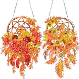 Saillong 2 Pcs Fall Diamond Art Painting Door Decorations DIY Fall Diamond Art Hanging Sign Leaves Pumpkin Suncatcher Wind Chime Welcome Sign for Home Wall Front Door Party Supplies